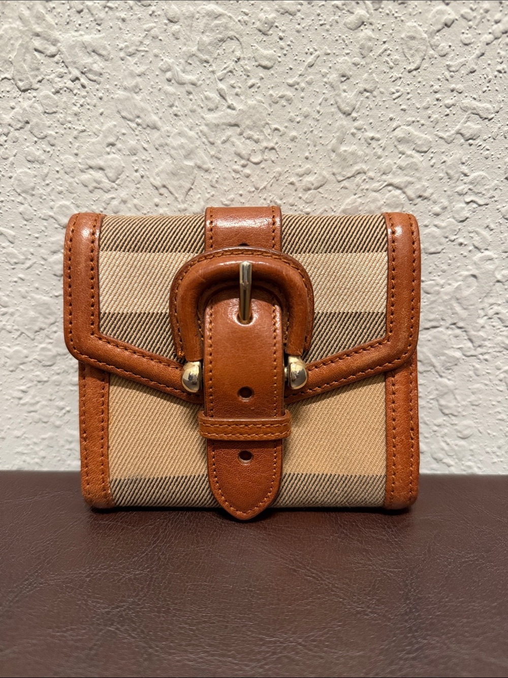 Burberry Tan Canvas and Brown Leather Buckle Wallet - Picture 1 of 8